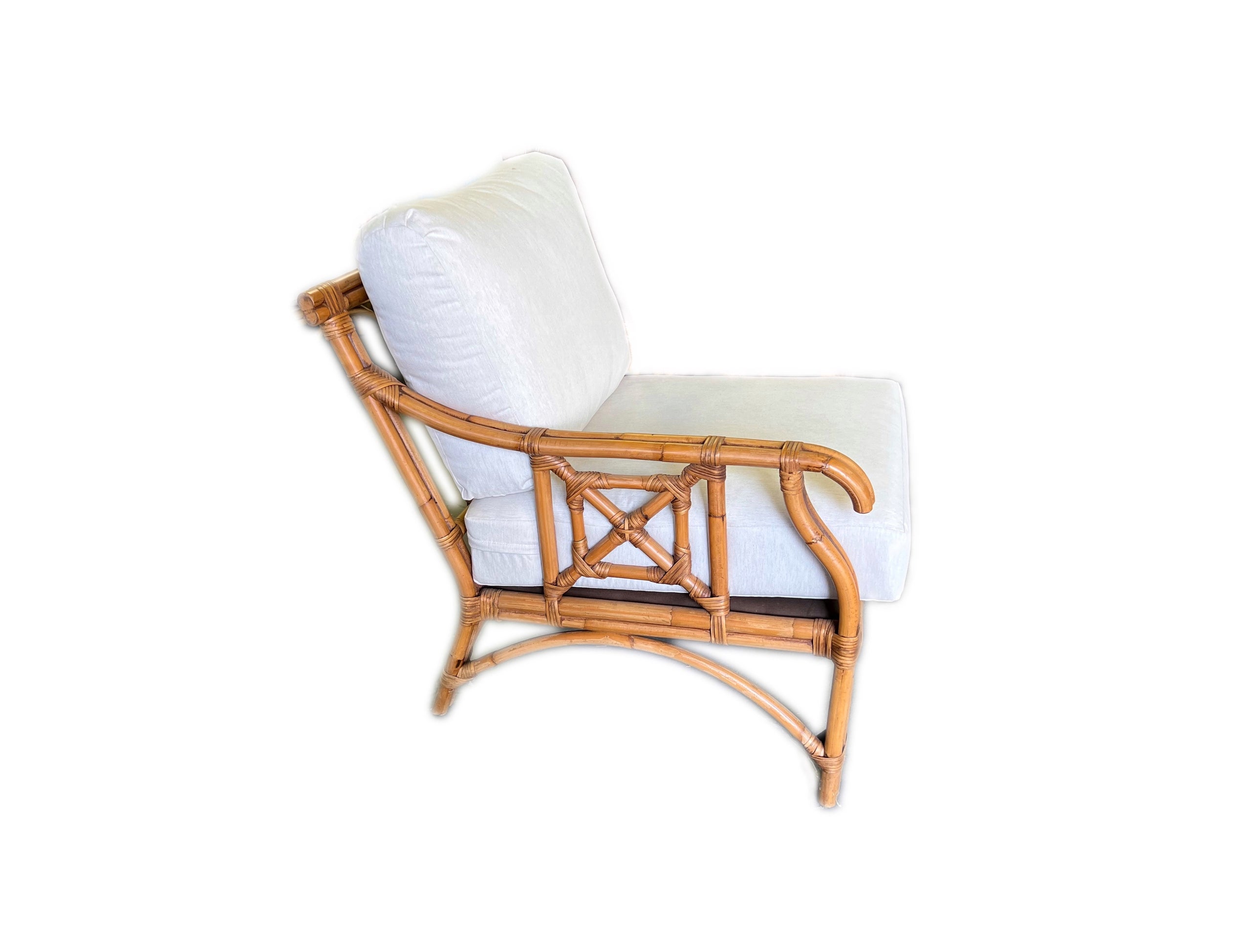Vintage Coastal Chinoiserie McGuire Style Bent Bamboo Leather Bound Lounge Chair Featuring Soft Cotton Light Beige Upholstery A R C H A I C