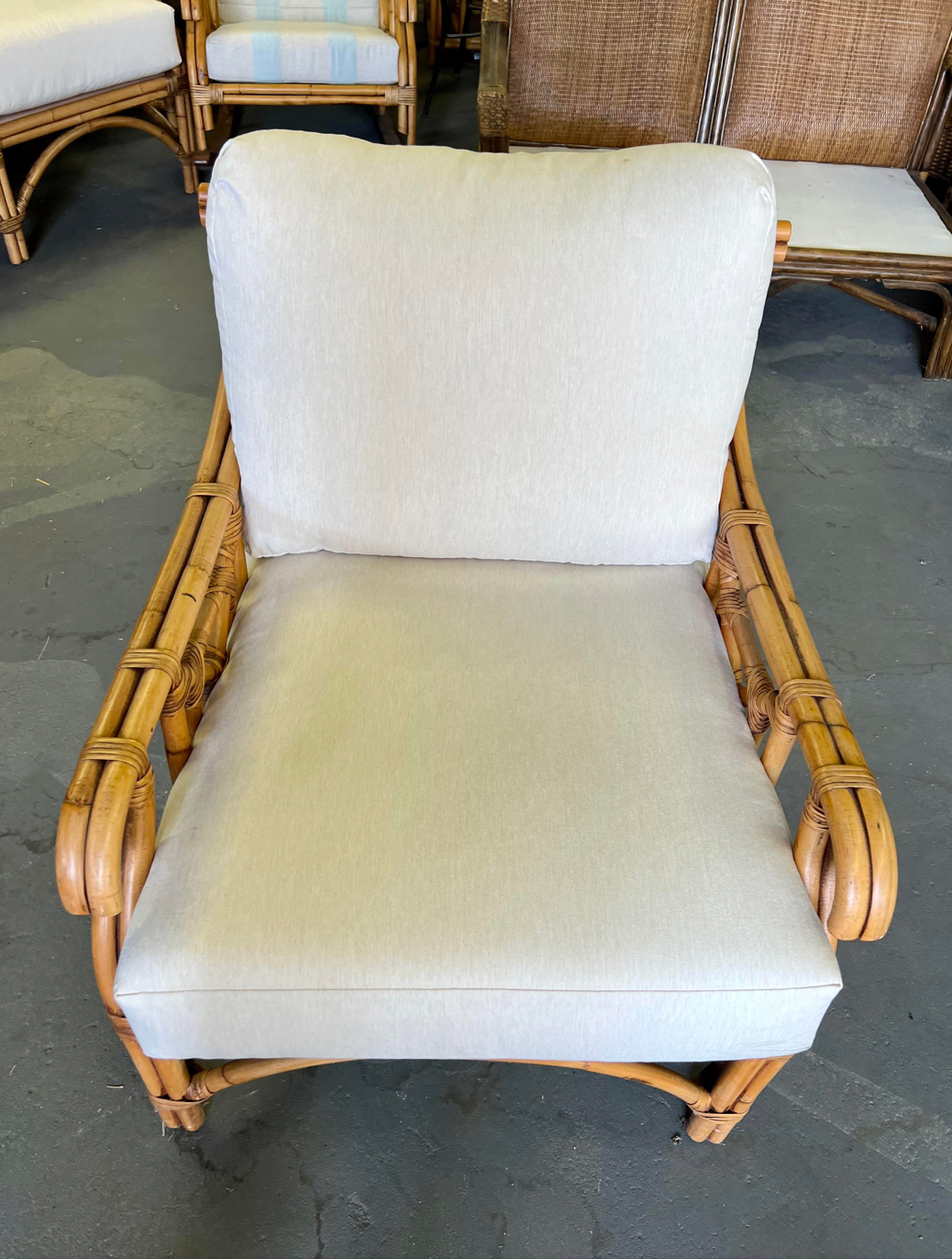 Vintage Coastal Chinoiserie McGuire Style Bent Bamboo Leather Bound Lounge Chair Featuring Soft Cotton Light Beige Upholstery